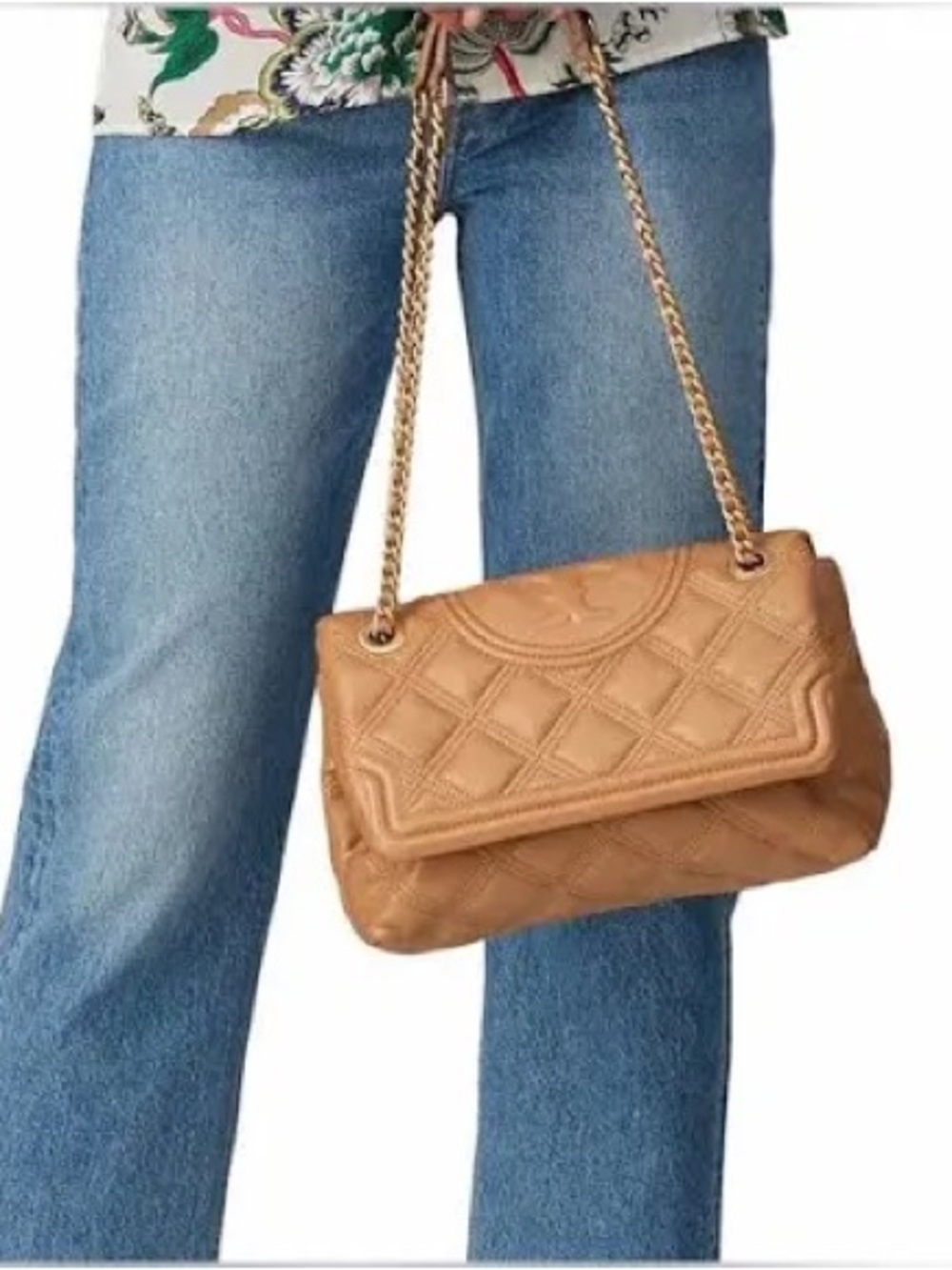 Tory Burch Fleming Soft Leather Convertible Shoulder Bag Warm Tan Gold Chain